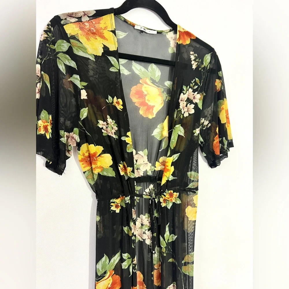 3rd + Malt black floral print sheer‎ duster cardigan cover-up with drawstring M